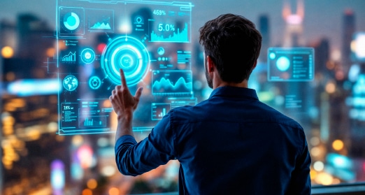 Businessman interacting with futuristic digital financial graphs Businessman interacting with futuristic digital financial graphs